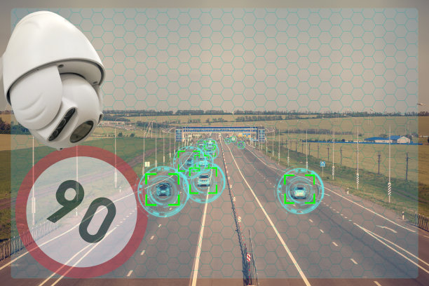 高速公路交通，速度控制摄像机在道路上，摄像机监控汽车的速度，限制为90公里/小时，3d渲染图片下载