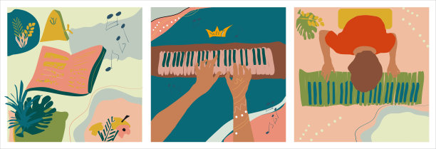 手弹钢琴，节拍器和钢琴琴键上的音符图片下载