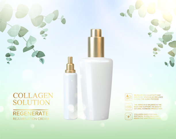 装化妆品的瓶子和装护肤霜的瓶子。手部再生霜，白色瓶子，绿色背景，热带桉树叶图片下载