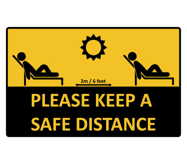 在海滩、游泳池、度假村、公园等地方，请保持安全距离标志。预防新冠肺炎图片下载