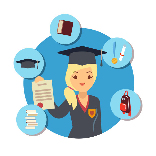 毕业概念与学生女孩和学校配件元素图片下载
