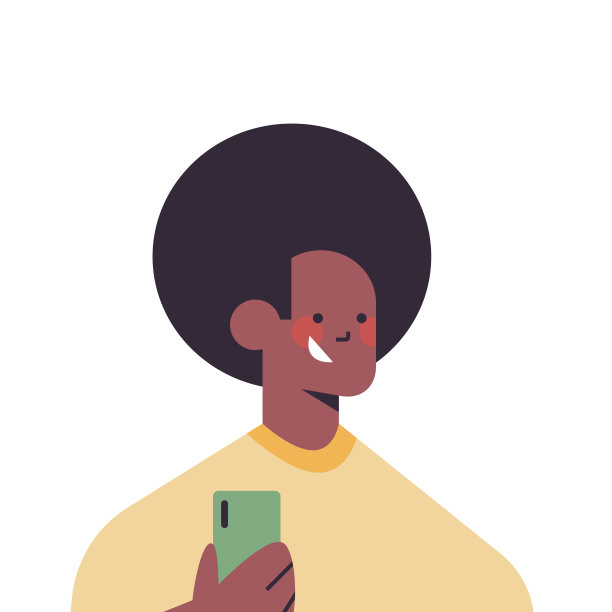 快乐的非裔美国人用智能手机微笑的男人头像男性卡通人物肖像图片下载