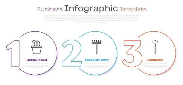 在花盆中放置一排仙人掌和肉质植物，花园耙和锤子。业务信息模板。向量图片下载