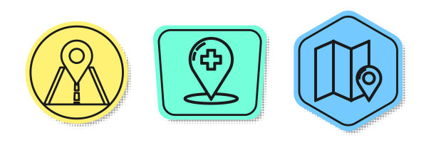 设置线道路交通标志，医疗地图指针与交叉医院和折叠地图与位置标记。颜色的形状。向量图片下载