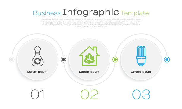 设垃圾袋回收，环保屋回收标志和LED灯泡。业务信息模板。向量图片下载