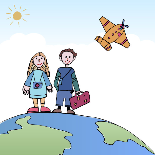 年轻的情侣旅行，站在世界的飞机在天空。图片下载