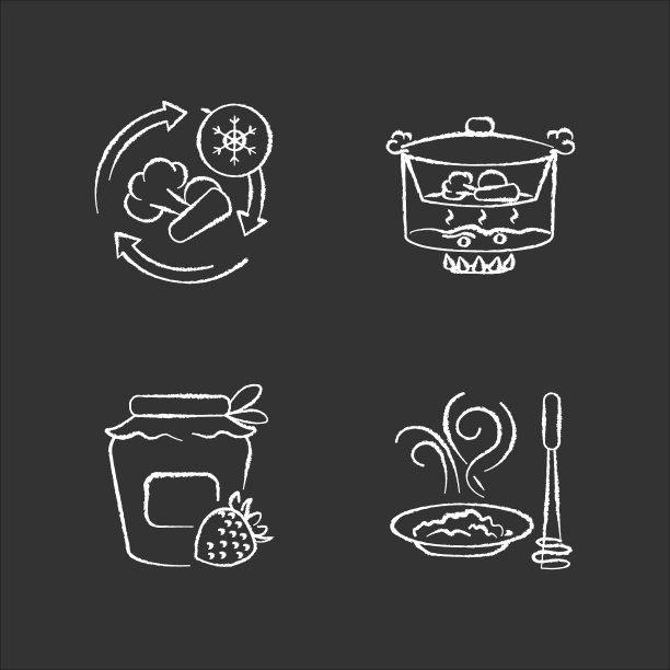 烹饪方法粉笔白色图标设置在黑色背景。产品制备和保存技术。食品冷冻，罐装，蒸和泥隔离病媒黑板插图图片下载
