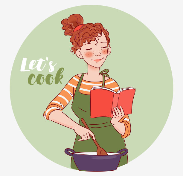 年轻女子在看烹饪书和烹饪。年轻女子在厨房做饭。健康食品的说明。健康的生活方式的概念。在家做饭。准备食物图片下载