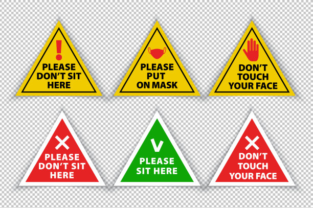 透明背景下的三角冠状病毒警告标志。戴上面具。保持距离。不要坐在这里。坐在这里。不要摸你的脸图片下载