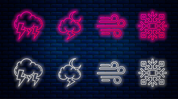 设置“风暴”，“风”，“风暴”和“雪花”。砖墙上发光的霓虹灯图标。向量图片下载