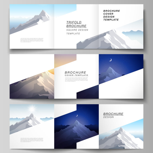 最小矢量可编辑布局的方形格式涵盖设计模板三倍的小册子，传单，杂志。高山插图，户外探险。旅游概念的背景。平面设计向量。图片下载