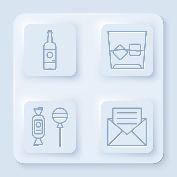 啤酒瓶，威士忌和冰块杯，棒棒糖，信封和请柬。白色正方形按钮。向量图片下载