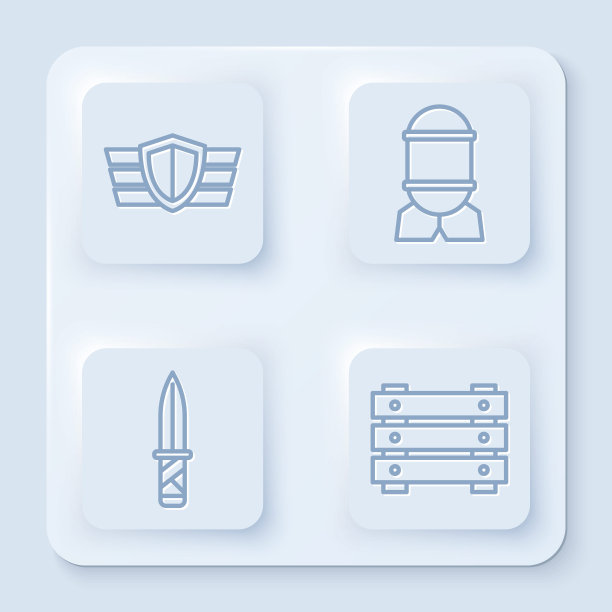 设行军奖勋章、航空炸弹、军刀、军药箱。白色正方形按钮。向量图片下载