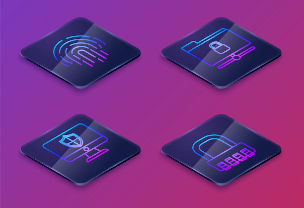 设置等距线指纹，电脑显示器和屏蔽，FTP文件夹和锁和安全密码锁。蓝色方块按钮。向量素材图片