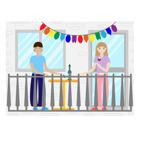 矢量插图上的男人和女人正站在阳台上。在阳台上喝着酒放松。在阳台上庆祝。呆在家里。图片下载