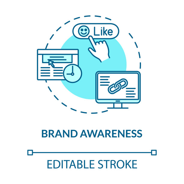 品牌意识概念图标。公司价值和影响力。内容营销。公众认可度，信誉理念细线例证。矢量隔离轮廓RGB彩色绘图。可编辑的中风图片下载
