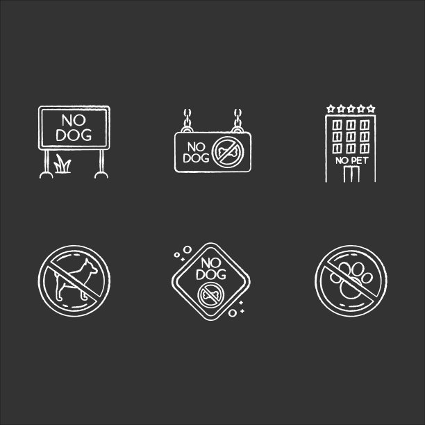 宠物不允许的标志粉笔白色的图标设置在黑色的背景。四条腿的朋友禁止进入领地，家养动物欢迎进入公共场所。孤立矢量黑板插图图片下载