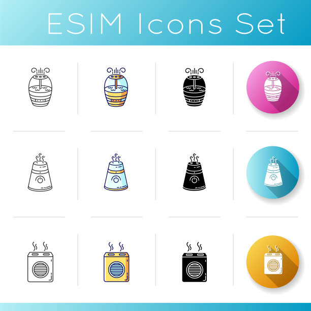 空气净化器，加湿器，家用电器的图标设置。呼吸护理设备，家用电离器，湿度调节器。线性，黑色和RGB颜色样式。孤立的矢量插图图片下载