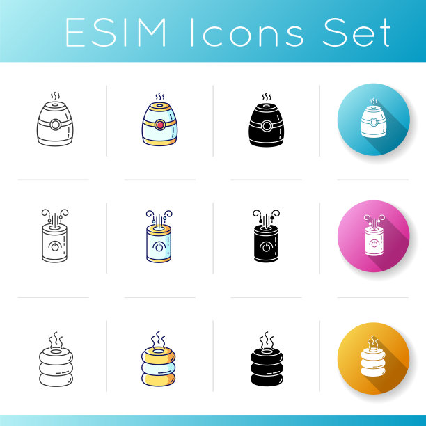 空气净化器，加湿器，芳香疗法设备图标设置。家用呼吸设备，电离机，湿度调节器。线性，黑色和RGB颜色样式。孤立的矢量插图图片下载