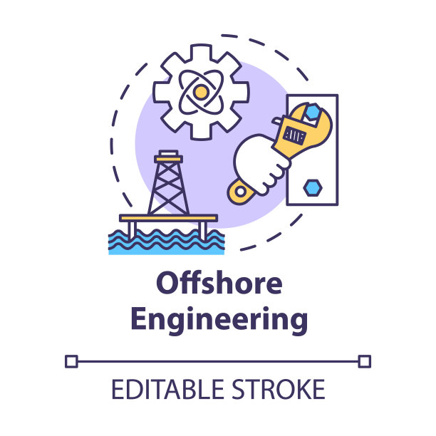 海上工程概念图标。石油钻机维护工作。海洋结构构建。水的施工构思细线插图。矢量隔离轮廓RGB彩色绘图。可编辑的中风图片下载