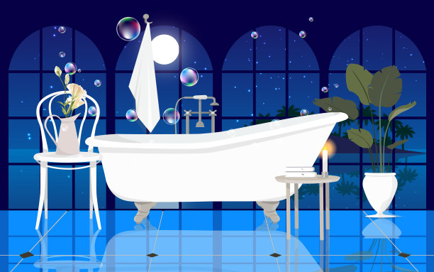 浴室浴缸，夜间城市背景图片下载