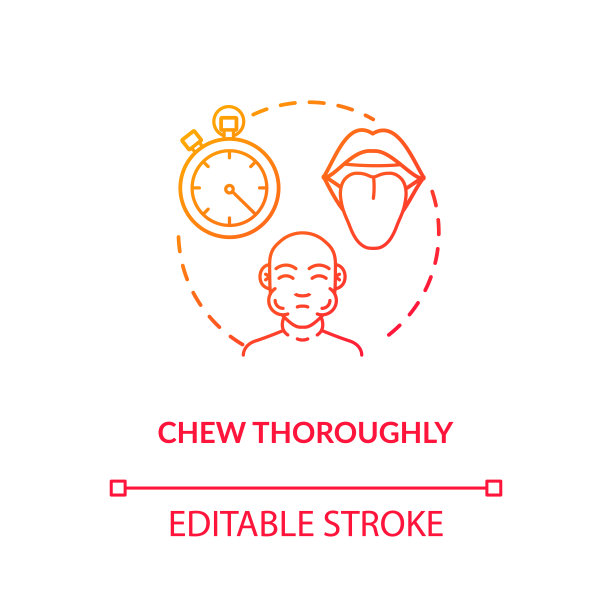 仔细咀嚼概念图标。有意识的营养，用心的饮食意念细线插画。品尝美食精华，享受美食。矢量隔离轮廓RGB彩色绘图图片下载