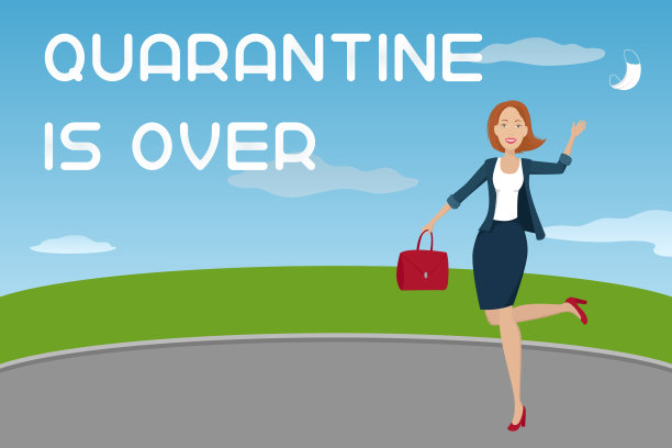 检疫结束了。女人向空中扔医用口罩。卡通风格。矢量图图片下载