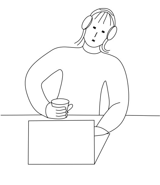 拿着笔记本电脑和一杯咖啡的年轻人。黑白矢量图形。简约的线条画。图片下载