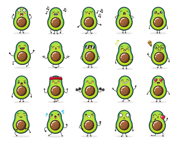 一套可爱的牛油果水果人物在不同的行动情绪为插图或吉祥物。图片下载