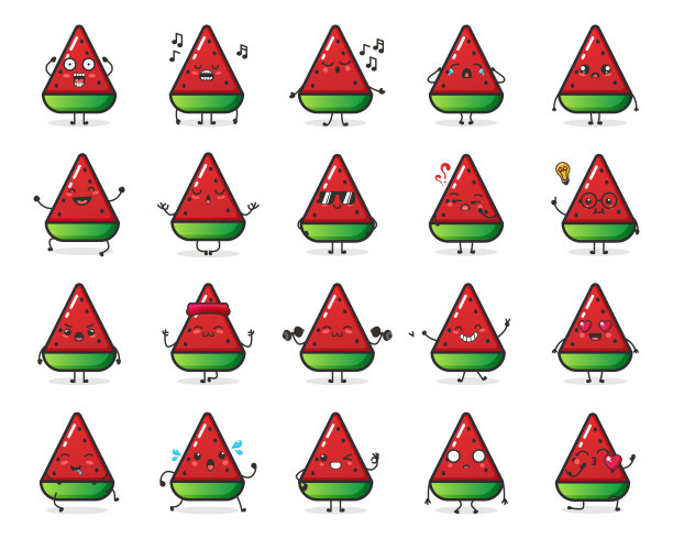 一套可爱的西瓜水果角色在不同的行动情绪为插图或吉祥物。图片下载