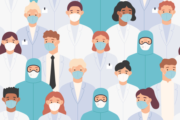 医院工作人员的模式。医生和护士穿着防护服和医用口罩。Covid - 19大流行，冠状病毒无缝载体纹理图片下载