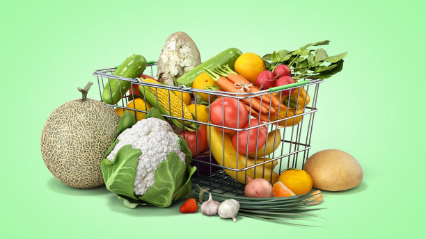 杂货篮与新鲜食品销售的产品概念或杂货设置绿色梯度3d渲染图片下载