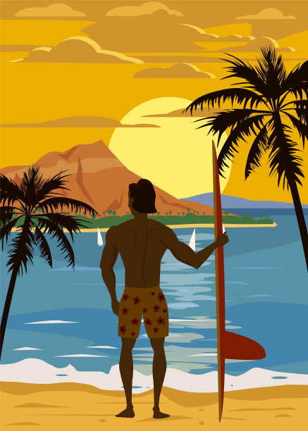 冲浪者与冲浪板站在热带图片下载