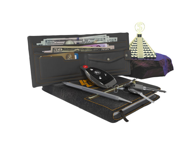 3d渲染商业绅士钱包，汽车钥匙，记事本，钱peramid在白色的背景没有阴影图片下载