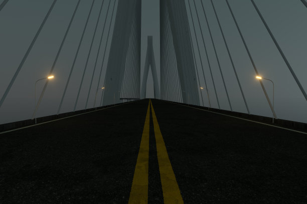 沥青路面上的悬索桥在夜间，3d渲染。图片下载