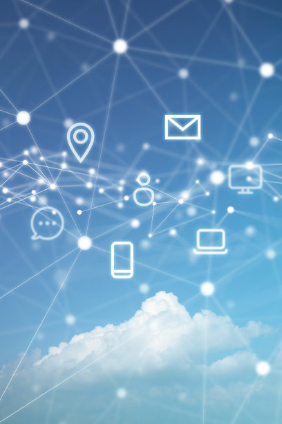基于Cloudscape背景的网络多边形图形的通信技术符号图片下载