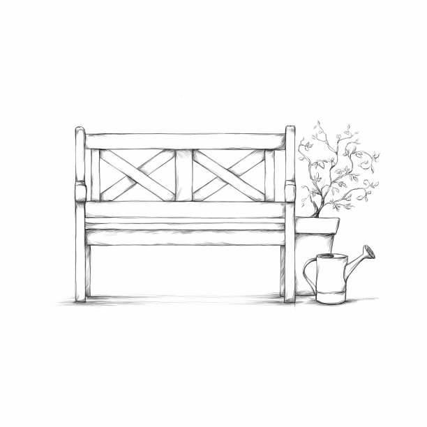 带喷壶的浪漫花园长椅，种在花盆里图片下载