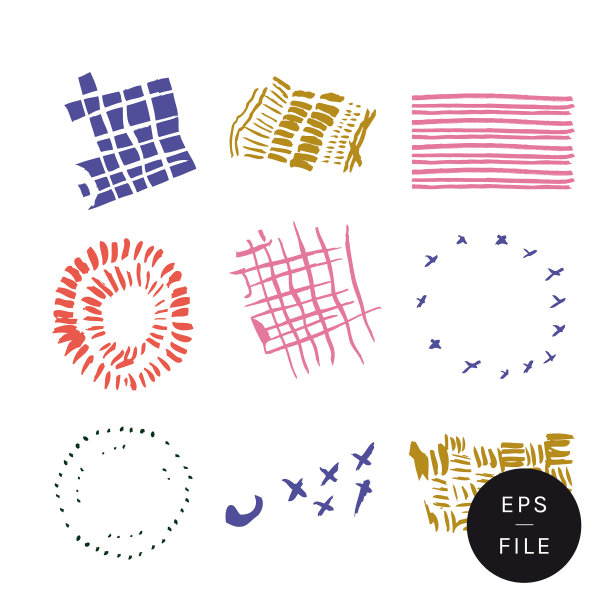 节日组抽象多彩的夏季矢量图标。七月四日气氛暖色有红、蓝、粉。手绘设计插图元素星星，条纹，圆圈。以自然为灵感的水墨符号、假日野餐、烟火表演、七四游行、派对图片下载