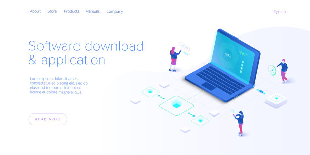 软件下载及应用等距矢量图。从事网页应用开发、编码和测试的程序员和工程师。网站横幅布局模板。图片下载