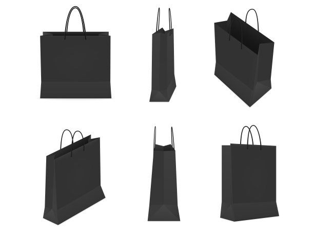 一套黑色购物袋，塑料袋或纸袋，白色背景。矢量图图片下载