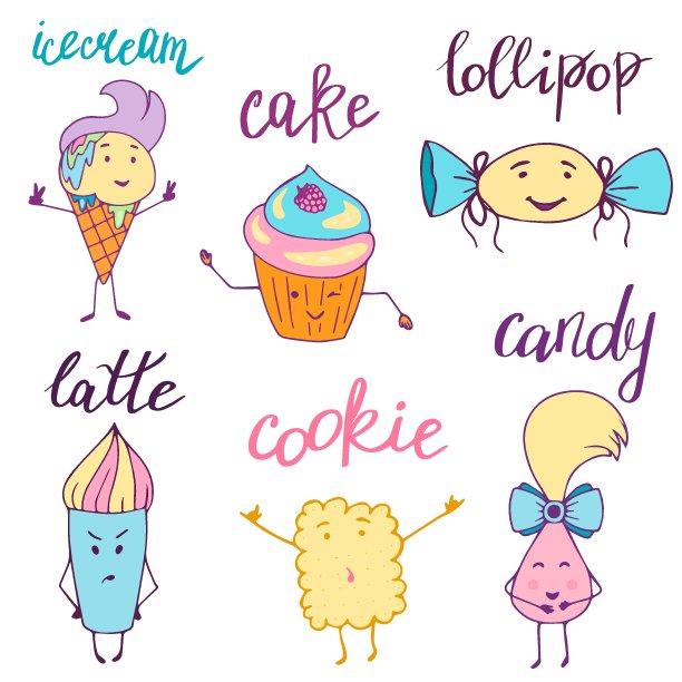 甜点和糖果在卡哇伊风格的着色书。蛋糕、冰淇淋、拿铁、糖果、饼干和棒棒糖的可爱卡通人物。矢量插图的表情符号涂鸦风格。图片下载