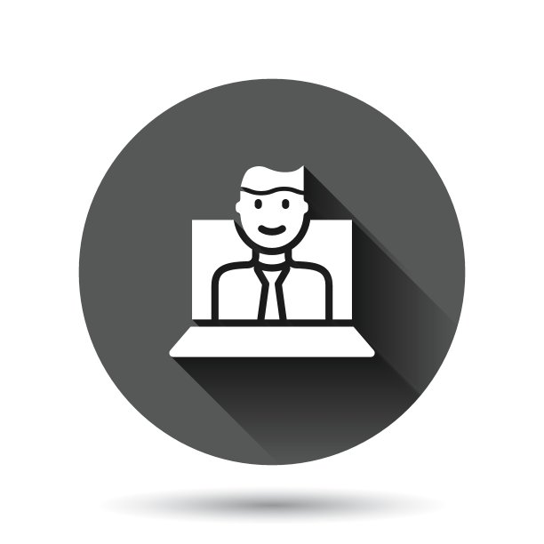 人们的笔记本电脑图标在平面风格。Pc用户矢量插图黑色圆形背景与长阴影效果。办公室经理圈钮经营理念。图片下载