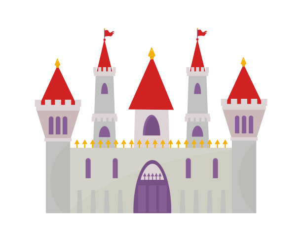 神奇的童话城堡。城墙密不透风的紫门塔，金箭点缀的红旗，气势磅礴的建筑，两座观景塔，五彩缤纷的幻想城堡。卡通梦想向量。图片下载