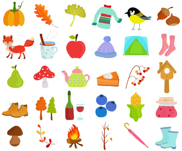 秋向量的秋季设置，季节装饰主题在平面设计插画。束可爱的彩色图标收集在白色的背景。图片下载