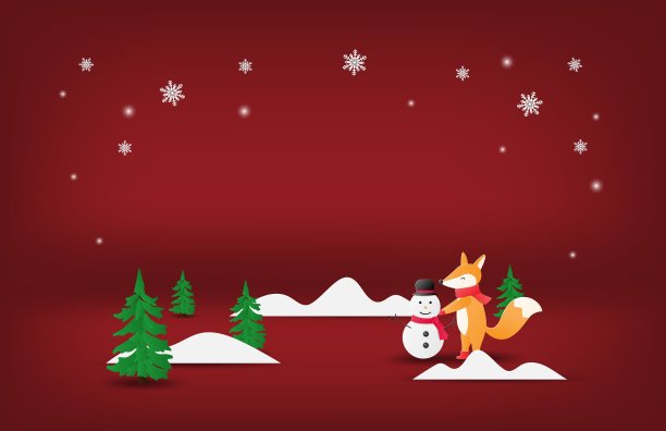 纸艺术和工艺圣诞背景。一个快乐的狐狸和雪人在红色的背景与空间。图片下载
