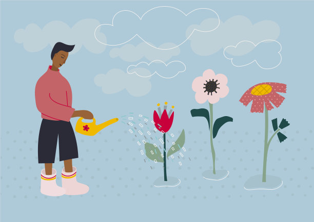 男孩浇花盆景明信片图片下载