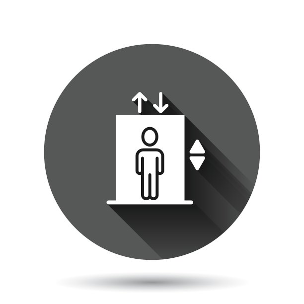 电梯图标在平面风格。提升向量插图在黑色的圆形背景和长阴影效果。客运圈钮扣经营理念。图片下载