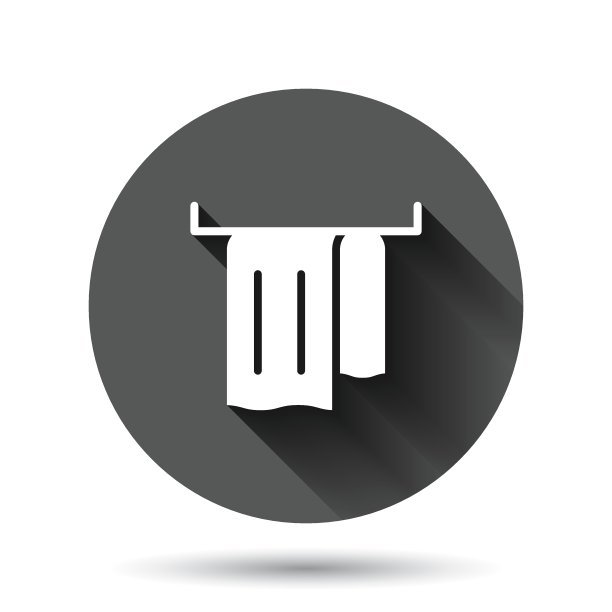 浴室毛巾图标在平坦的风格。毛巾矢量插图上的黑色圆形背景与长阴影效果。卫生擦拭圈按钮经营理念。图片下载