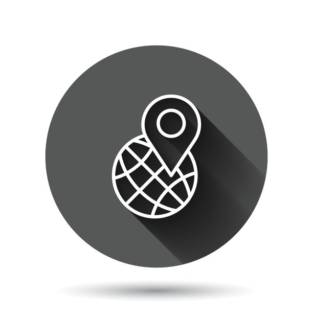 平面风格的全球导航图标。全球引脚gps矢量插图上的黑色圆形背景与长阴影效果。行星方向圆按钮经营理念。图片下载