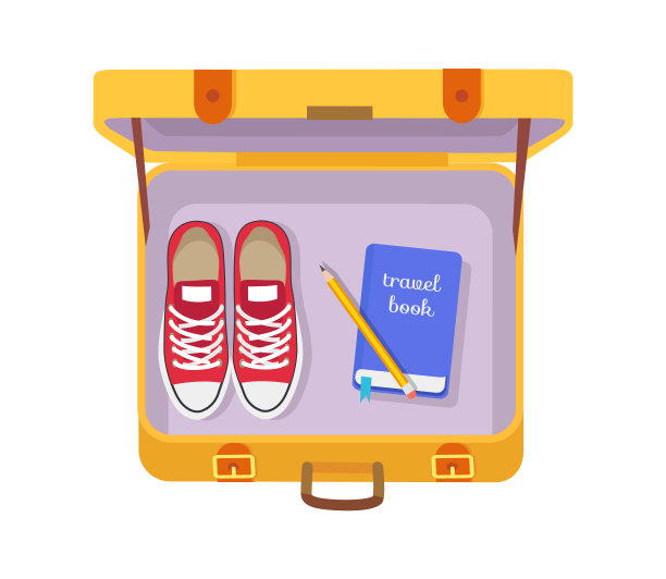 手提箱与旅行书，铅笔和红色运动鞋图片下载